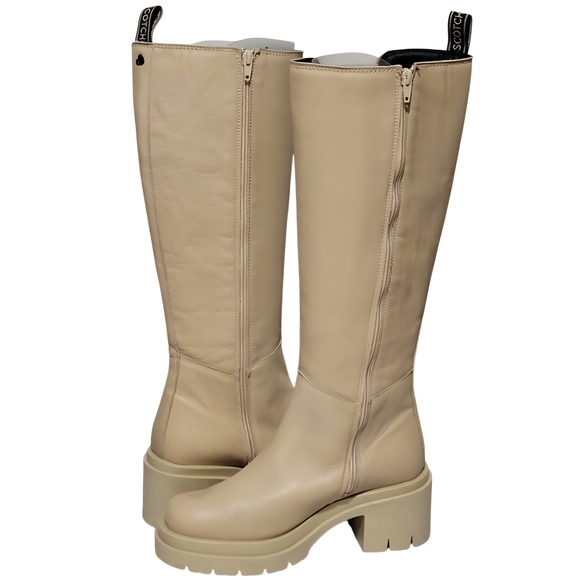 Scotch & Soda Womens 8.5 Bettie Leather Knee High Riding Boots Tan Lug Sole NEW - Picture 3 of 10